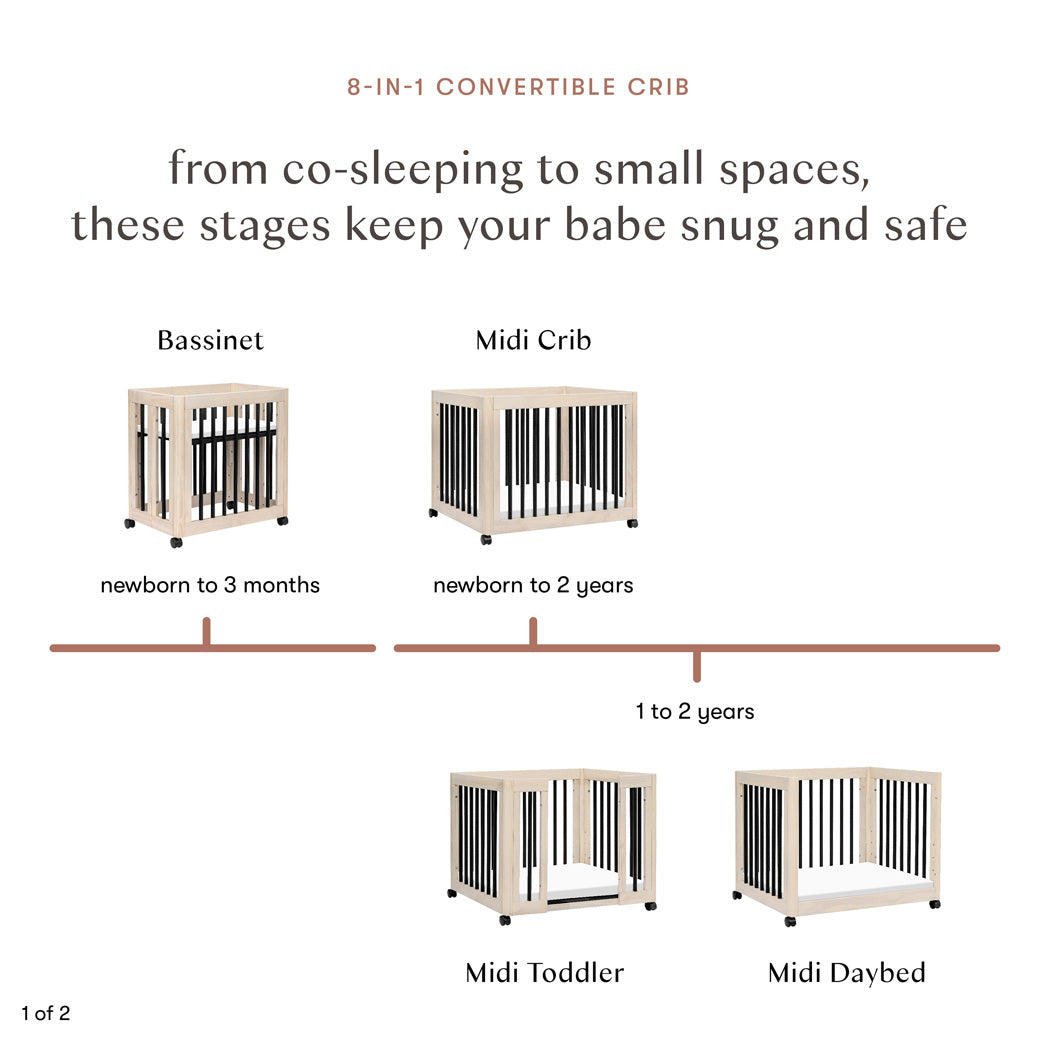 Suitable for ages chart of Babyletto's Yuzu 8-In-1 Convertible Crib With All Stages Conversion Kits as midi crib in -- Color_Washed Natural / Black