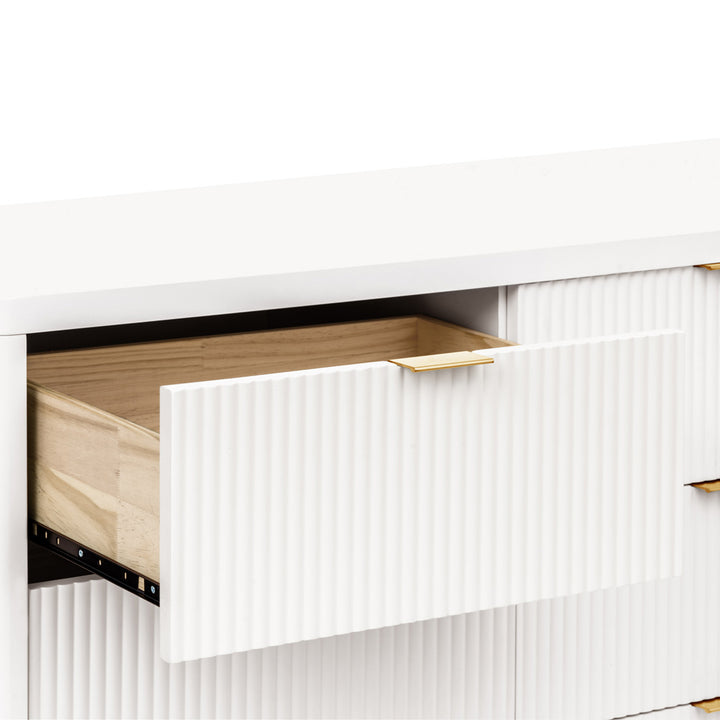 Namesake Brimsley 6-Drawer Dresser with left drawer open in -- Color_Warm White