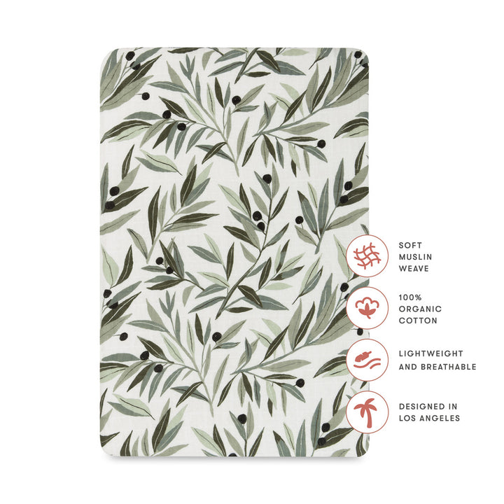 Features of Babyletto All-Stages Bassinet Sheet In GOTS Certified Organic Muslin Cotton in -- Color_Olive Branches