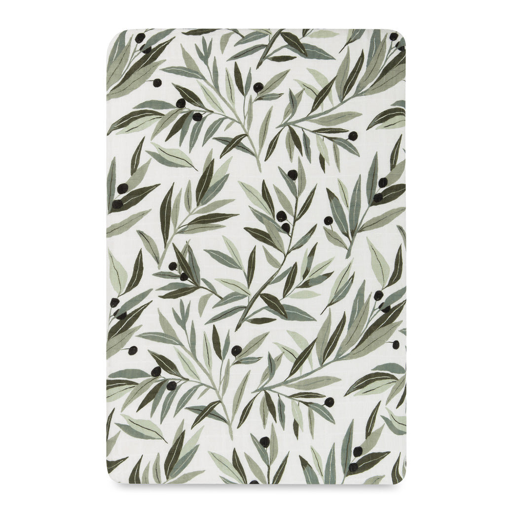 Front view of the Babyletto All-Stages Bassinet Sheet In GOTS Certified Organic Muslin Cotton in -- Color_Olive Branches