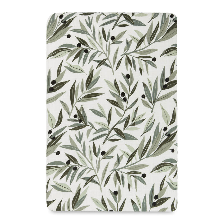Front view of the Babyletto All-Stages Bassinet Sheet In GOTS Certified Organic Muslin Cotton in -- Color_Olive Branches