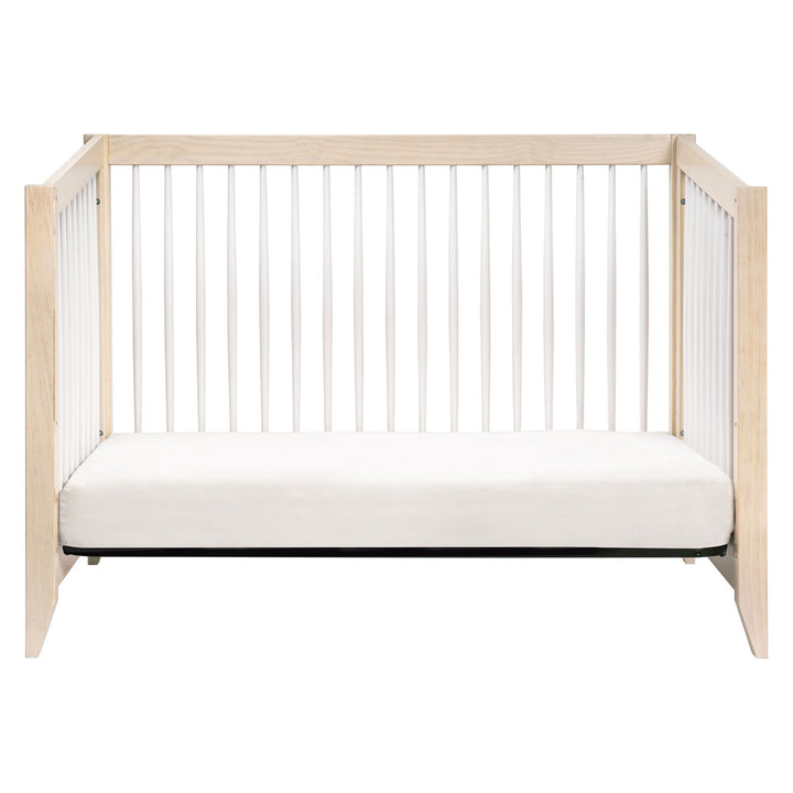 Front view of Babyletto's Sprout 4-in-1 Convertible Crib as daybed in -- Color_Washed Natural / White