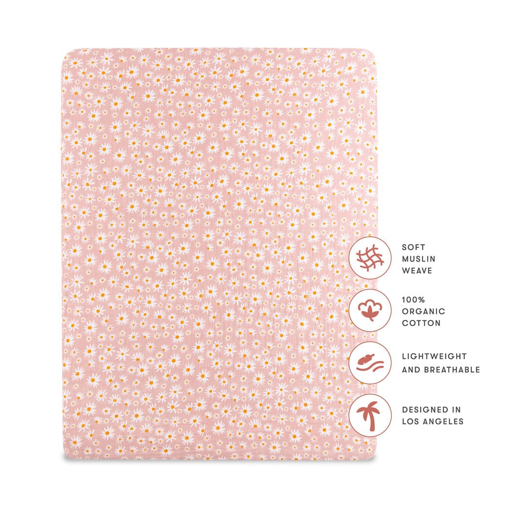 Specifications of Babyletto's All-Stages Midi Crib Sheet In GOTS Certified Organic Muslin Cotton in -- Color_Daisy