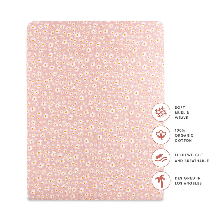 Specifications of Babyletto's All-Stages Midi Crib Sheet In GOTS Certified Organic Muslin Cotton in -- Color_Daisy