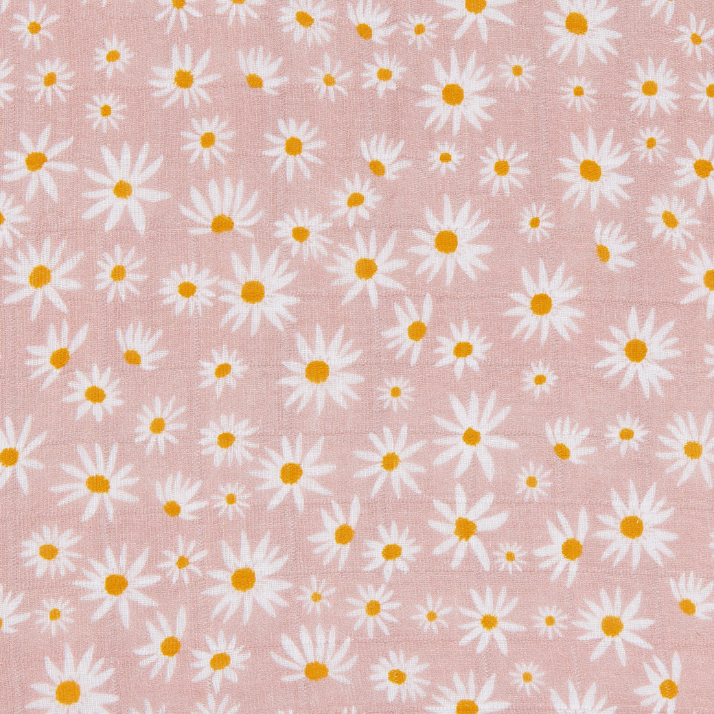 Closeup of pattern of Babyletto's All-Stages Midi Crib Sheet In GOTS Certified Organic Muslin Cotton in -- Color_Daisy