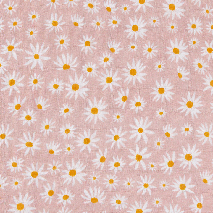 Closeup of pattern of Babyletto's All-Stages Midi Crib Sheet In GOTS Certified Organic Muslin Cotton in -- Color_Daisy