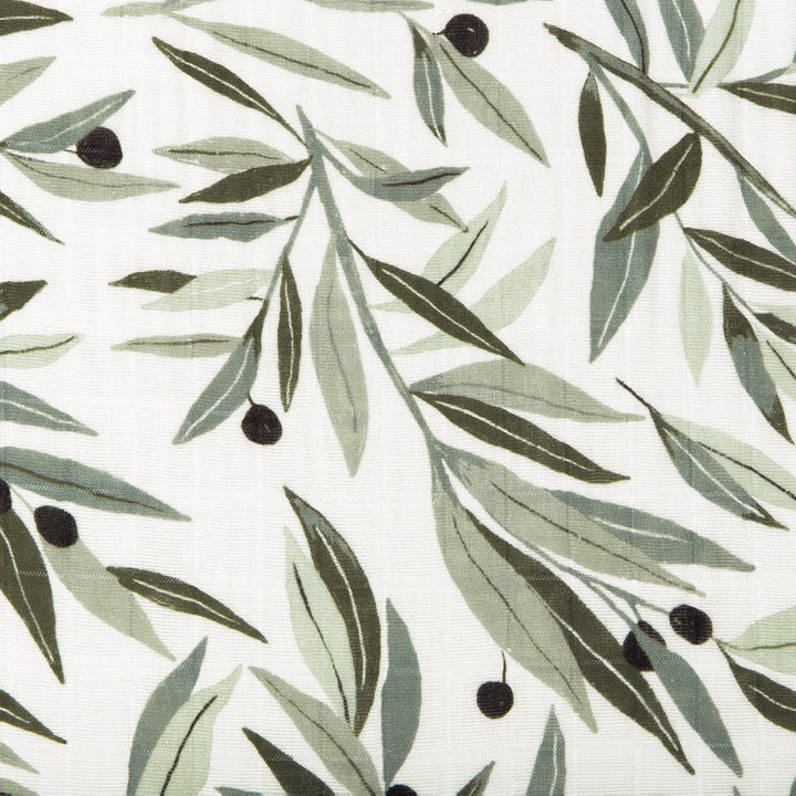 Closeup of pattern of Babyletto's All-Stages Midi Crib Sheet In GOTS Certified Organic Muslin Cotton in -- Color_Olive Branches