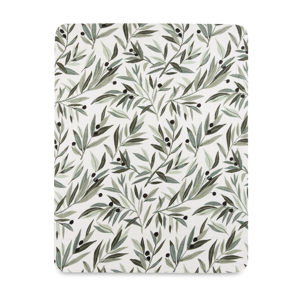 Front view of Babyletto's All-Stages Midi Crib Sheet In GOTS Certified Organic Muslin Cotton in -- Color_Olive Branches