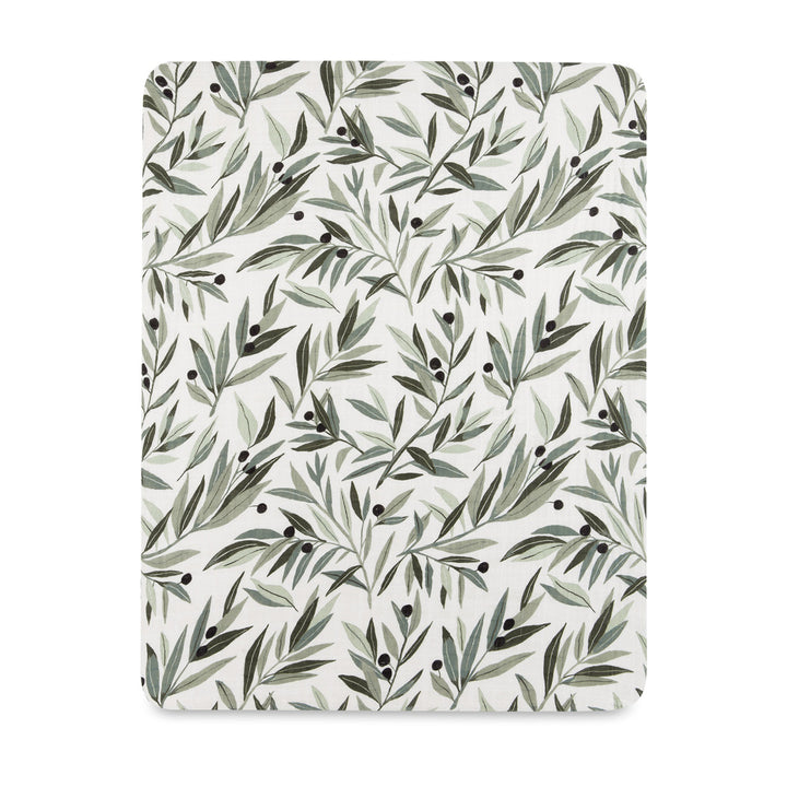 Front view of Babyletto's All-Stages Midi Crib Sheet In GOTS Certified Organic Muslin Cotton in -- Color_Olive Branches