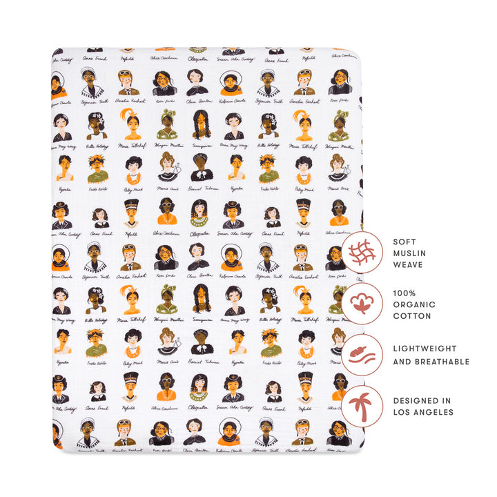 Specifications of Babyletto's All-Stages Midi Crib Sheet In GOTS Certified Organic Muslin Cotton in -- Color_Women In History