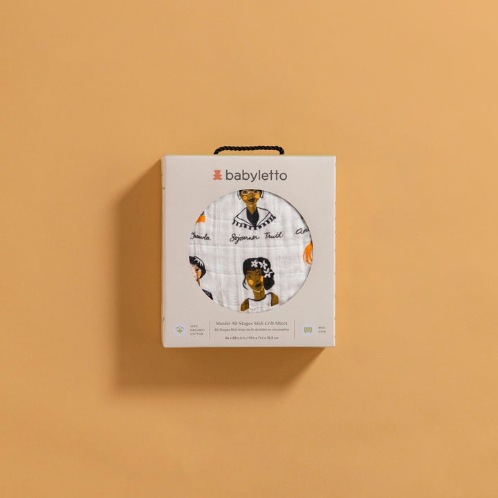 Packaging of Babyletto's All-Stages Midi Crib Sheet In GOTS Certified Organic Muslin Cotton  in -- Color_Women In History