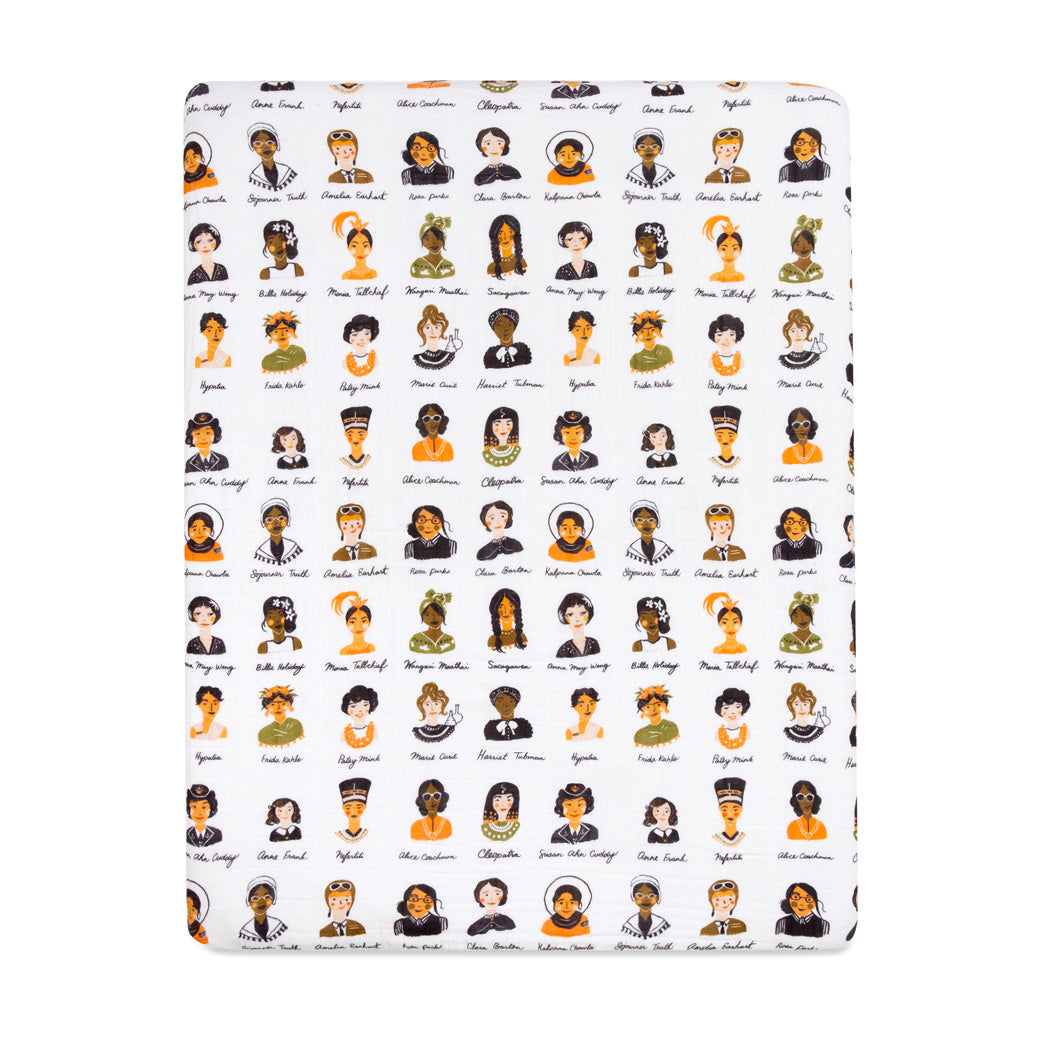 Front view of Babyletto's All-Stages Midi Crib Sheet In GOTS Certified Organic Muslin Cotton  in -- Color_Women In History