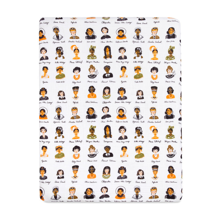 Front view of Babyletto's All-Stages Midi Crib Sheet In GOTS Certified Organic Muslin Cotton  in -- Color_Women In History