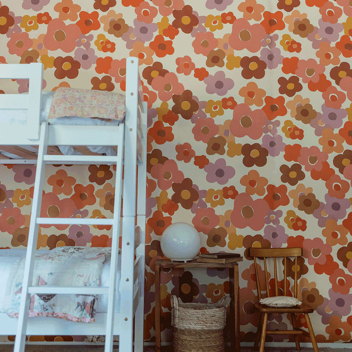 Right corner closeup of the bunk bed next to a wall furnished with Anewall Summer Love Floral Mural